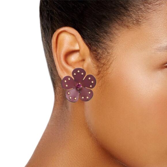 NEW Kate Spade Leather 3D Floral Earrings Russet Red - Picture 1 of 7